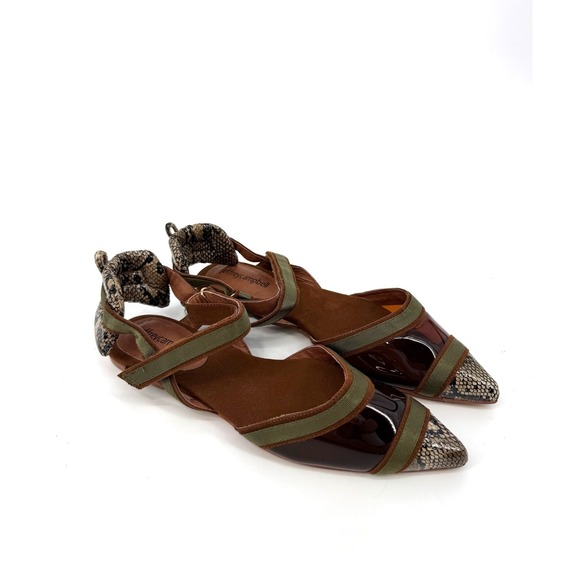 Jeffrey Campbell Shoes - Jeffrey Campbell Olive Green & Brown Pointed Toe Flats with Snakeprint Accents
